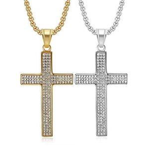 Collier Pendentif Croix en Acier Titane Hip Hop pour Hommes Femmes Placage Or sous Vide Strass Bijoux Religieux Cadeau