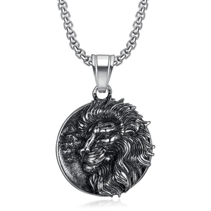 Collier Pendentif Tête de Lion en Acier Titane Vintage Pour Hommes Accessoire Bijoux Style Punk Viking Nordique Relief