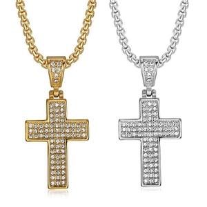 Hip Hop Titanium Steel Cross Pendant Necklace Vacuum Plated Pave Rhinestone Individual Cross Necklace For Men Women Party Jewelry Gift