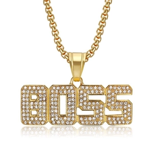 Hip hop gold plated stainless steel necklace featuring iced-out BOSS letter pendant