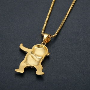 Collier hip hop avec pendentif personnage dansant en acier inoxydable doré et chaîne