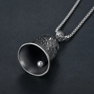 Vintage St. Christopher lucky rider bell pendant in stainless steel with a gothic relief