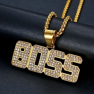 Hip Hop BOSS Letter Pendant Necklace Titanium Steel Gold Plated Pave Rhinestone Box Chain Fashion Jewelry For Men Women