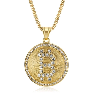 Collier Pendentif Bitcoin Hip Hop Acier Titane Rond Strass Chaîne Box Couleur Or Argent Bijoux Punk pour Hommes Femmes