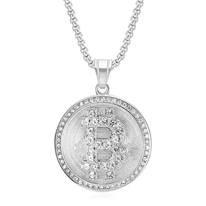 Collier pendentif Bitcoin argenté hip hop avec strass brillants et chaîne de type boîte