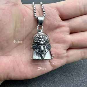 Vintage punk silver angel wing motorcycle bell pendant necklace for riders 46mm height