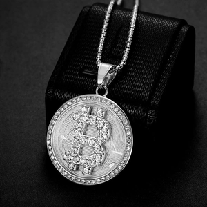 Collier hip hop avec pendentif Bitcoin argenté serti de strass sur chaîne vénitienne