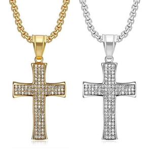 Pendentif Croix Hiphop en Acier Inoxydable avec Strass Plaqué Or Argent Bijoux de Mode Religieux pour Hommes Femmes