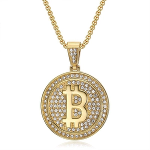 Collana con Ciondolo Bitcoin Lettera B Hip Hop per Uomo Donna Acciaio al Titanio Strass Iced Out Ciondolo Rotondo Oro Argento Gioielli
