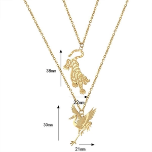 Gold plated stainless steel necklace featuring detailed tiger and crane animal pendants