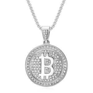 Collana con ciondolo Bitcoin hip hop in argento con zirconi scintillanti su moneta