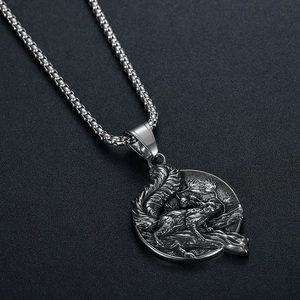 Vintage Viking squirrel pendant necklace in oxidized steel with durable box chain for men