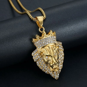 Collier hip-hop tête de lion plaqué or avec strass étincelants et chaîne maille vénitienne
