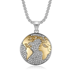 Collier Pendentif Rond Globe Carte du Monde en Acier Inoxydable Plaqué Or Hip Hop pour Hommes Femmes Bijoux en Strass Pavés