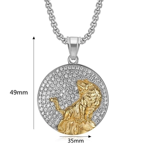 Hip hop gold plated stainless steel tiger pendant with rhinestones, 49mm x 35mm size