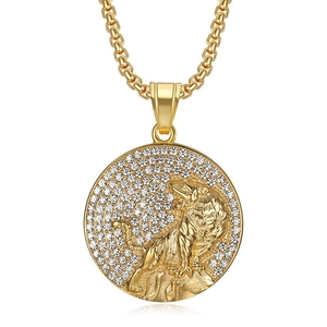 Hip Hop Stainless Steel Tiger Head Pendant Necklace Rhinestone Inlaid Gold Silver Animal Pendant Jewelry For Men Women