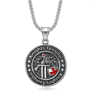 Knights Templar stainless steel cross necklace with red enamel and vintage finish