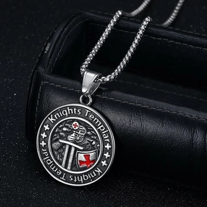 Vintage Knights Templar Round Pendant Necklace Titanium Steel Red Enamel Cross Medallion For Men Retro Religious Jewelry