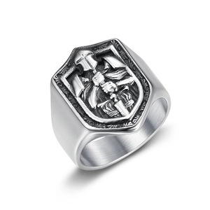 Vintage stainless steel signet ring for men featuring a medieval knight shield relief