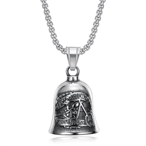 Pendentif cloche de motard en acier inoxydable poli avec relief de moto Ride to Live
