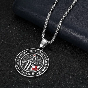 Knights Templar cross pendant necklace in silver stainless steel with red enamel inlay