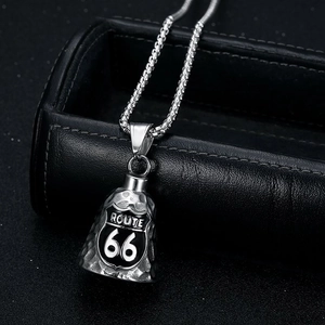 Vintage Edelstahl Route 66 Motorrad Glocke Anhänger Halskette Biker Hammerschlag Punk Schmuck Für Herren Geschenk