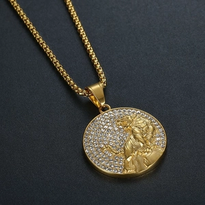 Iced out lion head pendant necklace in gold plated stainless steel with box chain