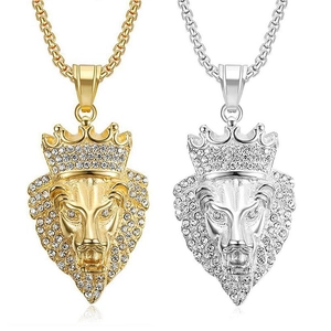Collier Pendentif Tête de Lion Couronne Hip Hop Acier Inoxydable Strass Iced Out Or Argent Plaqué Bijoux Homme Femme