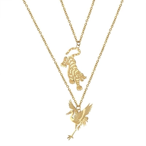 Stainless Steel Tiger Crane Pendant Necklace Vintage Animal Double Layer Clasp Chain Jewelry For Men Women Daily Accessory