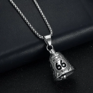 Vintage Route 66 Edelstahl Biker Glocke Anhänger Halskette an einer runden Box-Kette