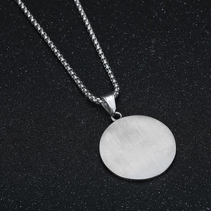 Brushed silver stainless steel round pendant necklace with box chain for men