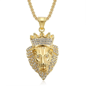 Collier pendentif tête de lion hip-hop avec couronne et cristaux sur chaîne dorée
