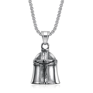 Retro stainless steel bell pendant necklace with embossed cross and wood grain patterns