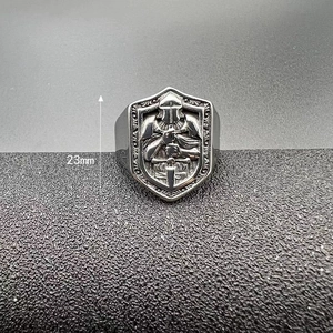 Macro view of vintage shield knight ring showing the 23mm height detail and engraving