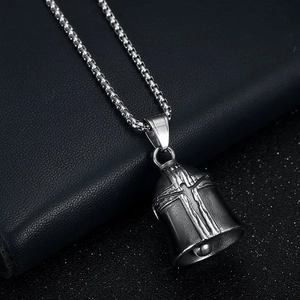 Vintage steel cross motorcycle bell pendant necklace with industrial wood grain texture