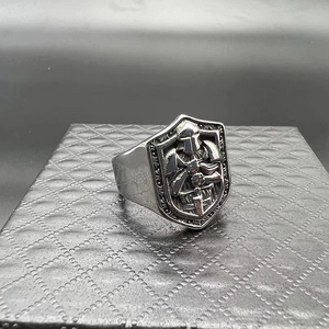Vintage silver Knights Templar shield ring in stainless steel from a 45-degree angle