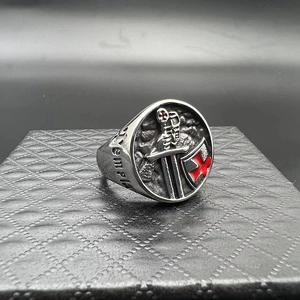 Vintage stainless steel Templar signet ring with red cross and sword details