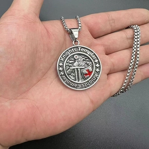Knights Templar cross pendant necklace with red enamel and silver vintage finish