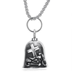 Retro stainless steel punk biker bell pendant with cross and motorcycle engraving