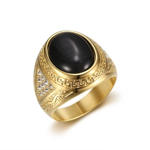 Hip-hop gold plated stainless steel ring with black oval stone and greek key pattern