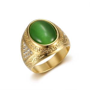 Hip hop gold plated stainless steel ring with green cat eye stone and cubic zirconia