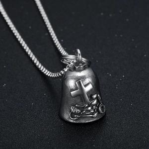 Vintage Titanium Steel Guardian Bell Pendant Necklace Men Biker Punk Cross Motorcycle Lucky Bell Jewelry Gift For Rider