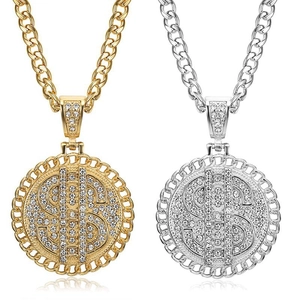 Collier Pendentif Signe Dollar Hip Hop en Acier Titane Or Argent Plaqué Strass Chaîne Cubaine Bijoux Homme