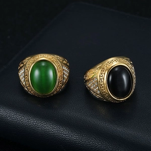 Hip Hop Men Titanium Steel Ring Gold Plated Retro Cat Eye Stone Ring With Rhinestone Greek Key Pattern Jewelry Band Ring