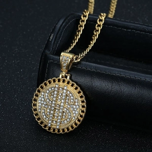 Chaîne cubaine plaquée or hip-hop avec pendentif signe dollar serti de strass