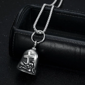 Vintage motorcycle cross steel bell necklace with embossed biker lucky charm details