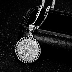 Pendentif signe dollar hip hop en argent avec strass sur chaîne à mailles cubaines