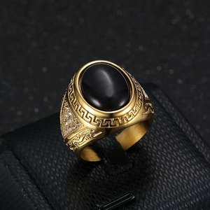 Hip hop gold plated stainless steel ring with black cat eye stone and cheetah relief