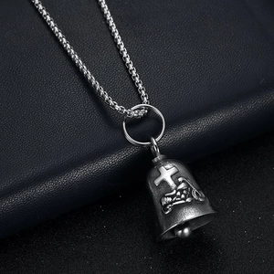 Vintage stainless steel biker bell necklace featuring cross and motorcycle engravings