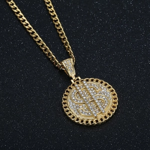 Collier hip hop plaqué or avec pendentif signe dollar et chaîne cubaine pour hommes